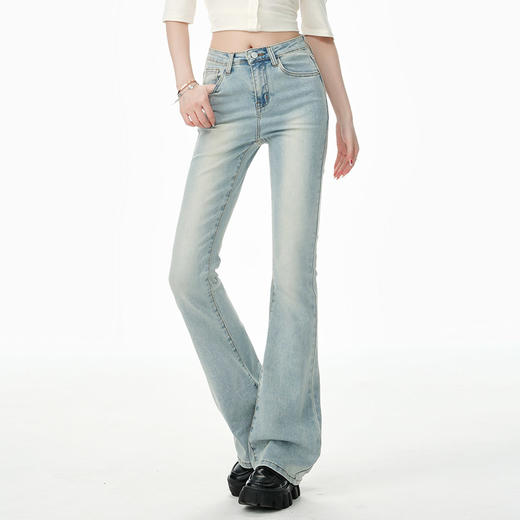 罗蒙女士复古休闲微喇牛仔长裤女夏季薄款高腰弹力拖地裤显瘦九分裤 商品图5