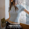 马登2025新款浅蓝色刺绣蕾丝花边修身短款正肩短袖T恤上衣女生士 商品缩略图1