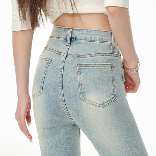 罗蒙女士复古休闲微喇牛仔长裤女夏季薄款高腰弹力拖地裤显瘦九分裤 商品图8