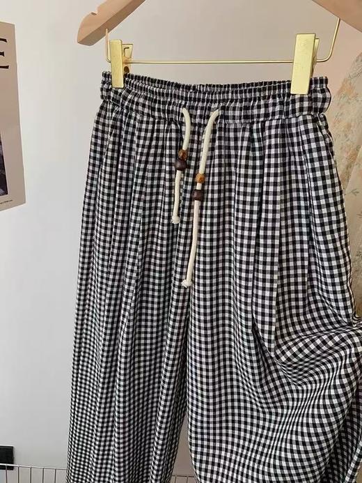 ｛休闲裤2025｝6536棉麻风黑白格宽腿大裤脚裙裤-喜出 商品图3