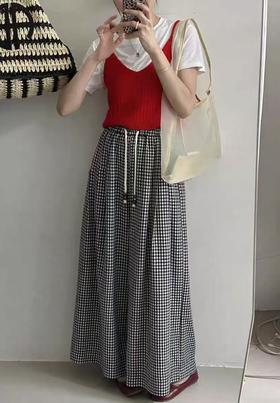 ｛休闲裤2025｝6536棉麻风黑白格宽腿大裤脚裙裤-喜出