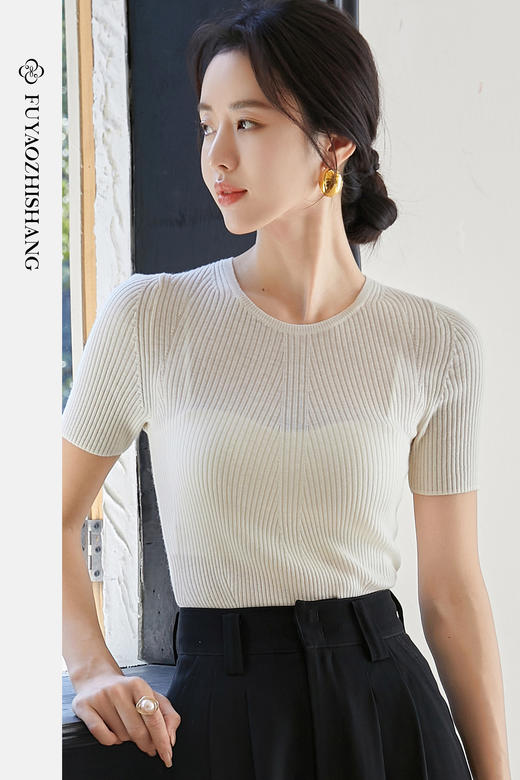FUYAO扶摇 天丝短袖T恤女2025年夏季新款针织上衣百搭显瘦打底衫 商品图5