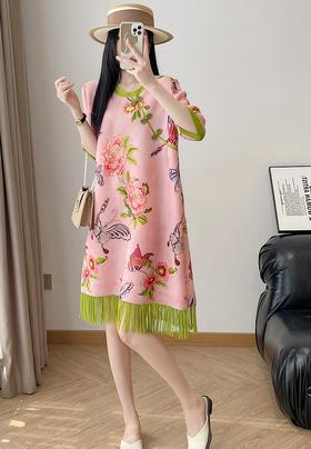 三宅新款国风洋气印花流苏连衣裙