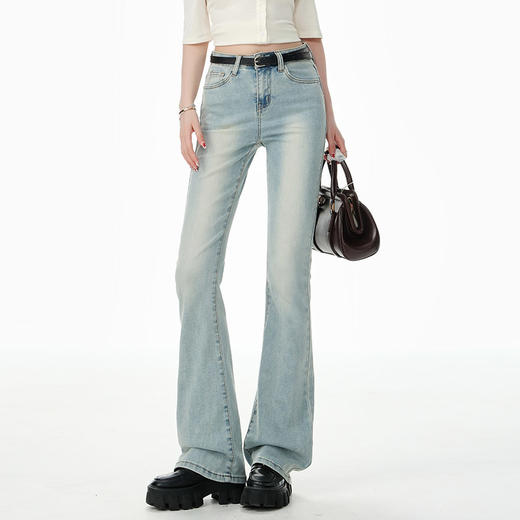 罗蒙女士复古休闲微喇牛仔长裤女夏季薄款高腰弹力拖地裤显瘦九分裤 商品图4