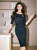 aa颈袖添香2024春季修身收腰显瘦气质藏青色连衣裙子女中长款LT2XC0352 商品缩略图1