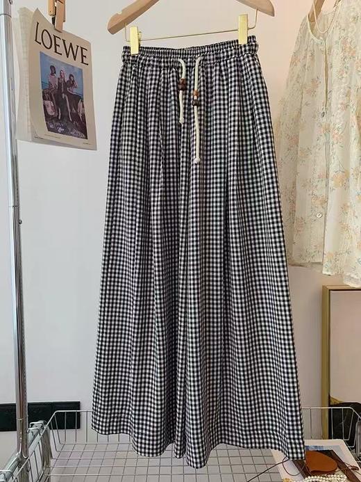 ｛休闲裤2025｝6536棉麻风黑白格宽腿大裤脚裙裤-喜出 商品图2