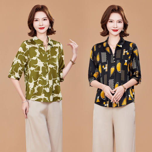 TC 2526妈妈装弹力缎真丝上衣洋气大码桑蚕丝印花衬衫 商品图0