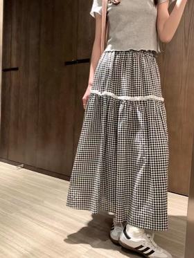｛半裙2025｝2527格子蕾丝半裙-喜出