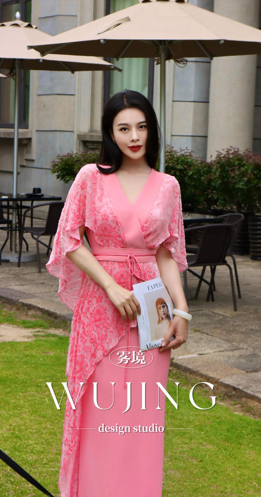 3205059 樱樱桃夭 重磅印花植绒料/进口纹理蜂窝缎连衣裙 雾境 商品图4