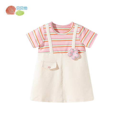 贝贝怡童装女童连衣裙短袖夏季儿童假两件条纹可爱A摆裙子ZB2EQ012 商品图1