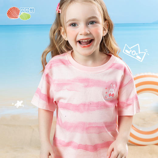 【贝贝怡】 夏季新款女童条纹T恤儿童百搭运动休闲短袖卡通兔子印花上衣ZB2ES025 商品图3