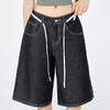 罗蒙女士高腰宽松复古阔腿裤抽绳设计百搭高腰七分牛仔裤女短裤 商品缩略图5