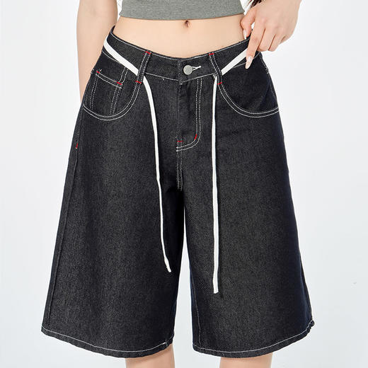 罗蒙女士高腰宽松复古阔腿裤抽绳设计百搭高腰七分牛仔裤女短裤 商品图5