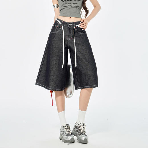 罗蒙女士高腰宽松复古阔腿裤抽绳设计百搭高腰七分牛仔裤女短裤 商品图2