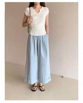 七夕福利-NO退｛休闲裤2025｝极简水洗棉奶芙蓝卷边休闲裤-喜出