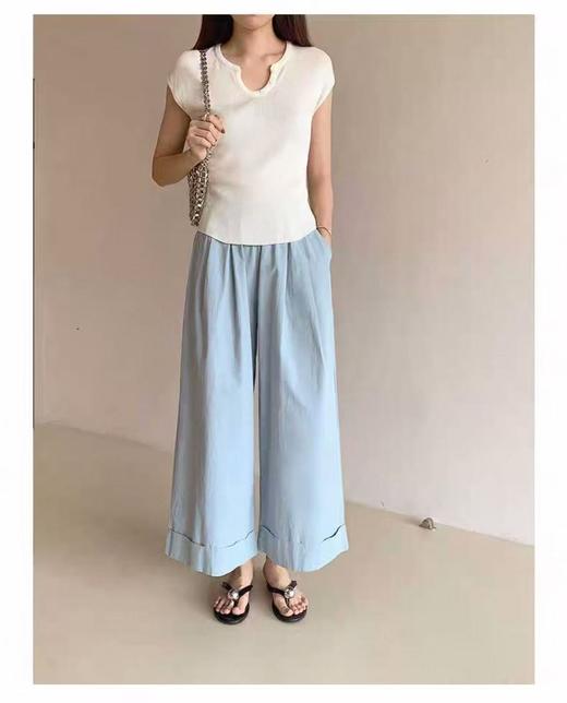 七夕福利-NO退｛休闲裤2025｝极简水洗棉奶芙蓝卷边休闲裤-喜出 商品图0