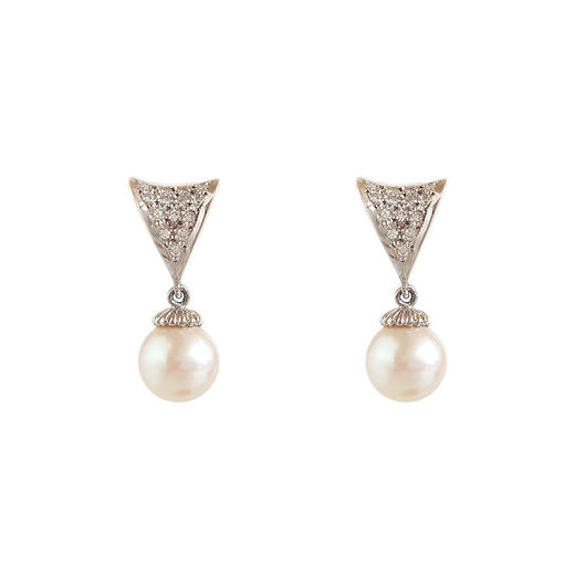 【天然正品】PT900铂金镶钻镶天然约8.5MM白色珍珠耳环22.3*9.3*14.0MM（皆取最大值）女士现售价：2480！160525NJM56 商品图0