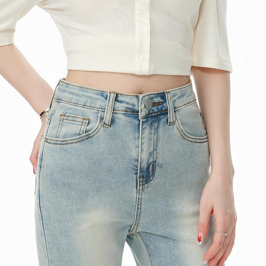 罗蒙女士复古休闲微喇牛仔长裤女夏季薄款高腰弹力拖地裤显瘦九分裤 商品图7