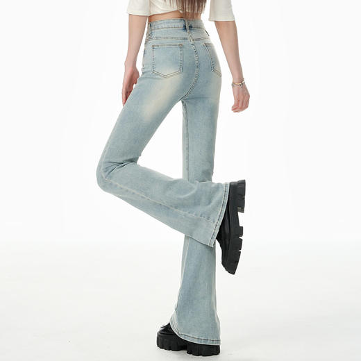 罗蒙女士复古休闲微喇牛仔长裤女夏季薄款高腰弹力拖地裤显瘦九分裤 商品图6