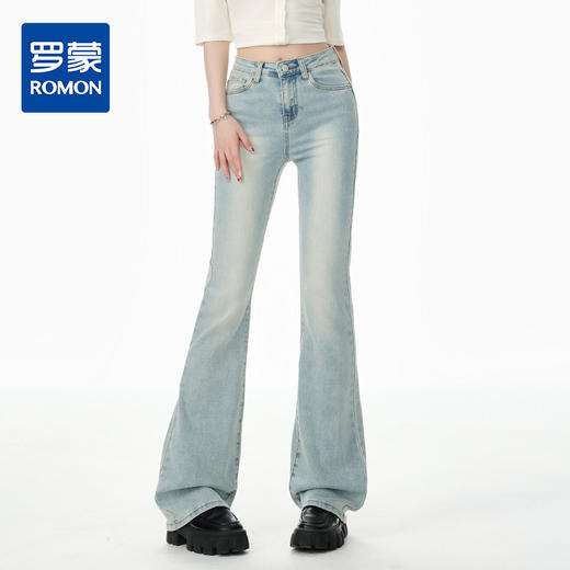 罗蒙女士复古休闲微喇牛仔长裤女夏季薄款高腰弹力拖地裤显瘦九分裤 商品图0
