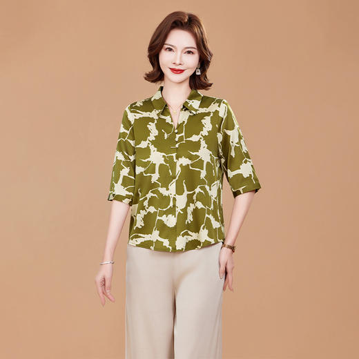 TC 2526妈妈装弹力缎真丝上衣洋气大码桑蚕丝印花衬衫 商品图1