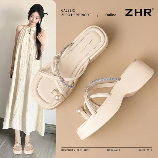 ZHR法式凉拖鞋女2025夏季新款厚底增高夹脚拖鞋软底珍珠凉鞋爆款 商品图0