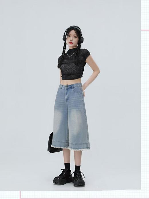 ｛短裤2025｝15031毛边六七分盐系牛仔短裤-喜出 商品图2