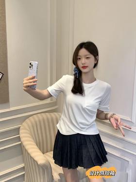 7.7清货，能接受不退拍~88096卷边袖不规则褶皱短袖T恤-喜出