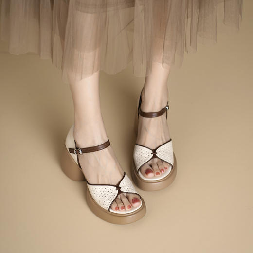 【预售5天】露趾厚底粗跟仙女凉鞋，真皮新款夏季镂空网眼洞洞拼色罗马鞋GP&3285 商品图2