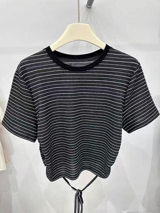 清仓价2025~银丝后系带绑带条纹短款T恤-喜出 商品图1