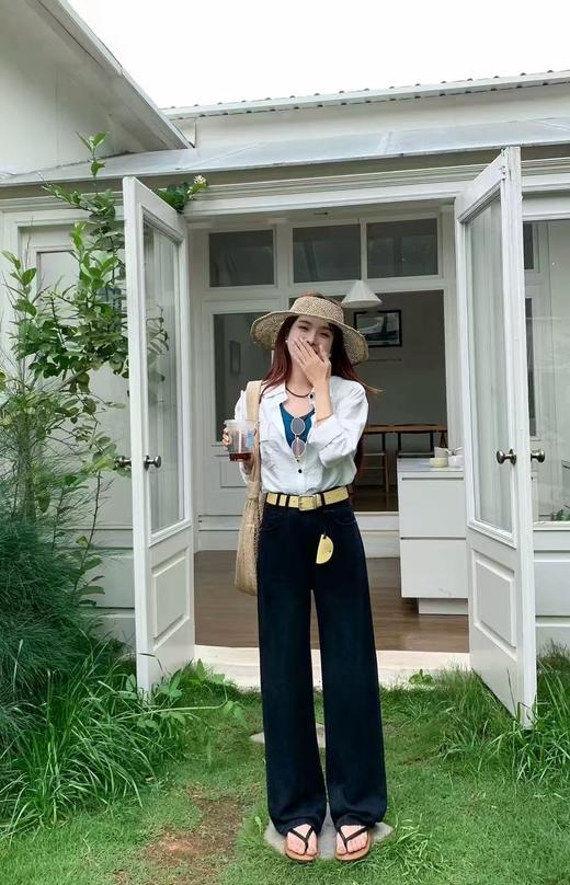 七夕福利-NO退｛牛仔裤2025｝12861莱赛尔棉天丝黑色长裤韩版直筒显瘦牛仔裤-喜出 商品图3