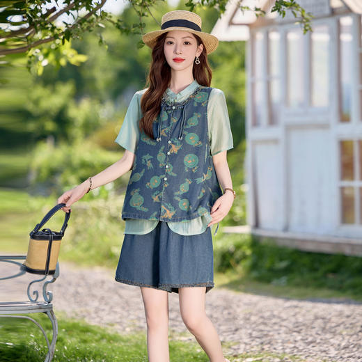 新中式国风复古印花，牛仔马甲时尚洋气短裤三件套HR-XPH8101 商品图1