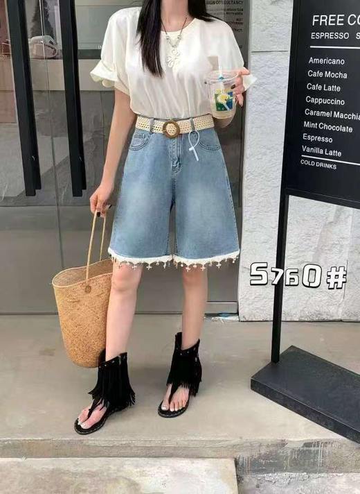 ｛短裤2025｝（送腰带）棉➕莱赛尔夏季软料5760时尚挂饰五分牛仔短裤-喜出 商品图1