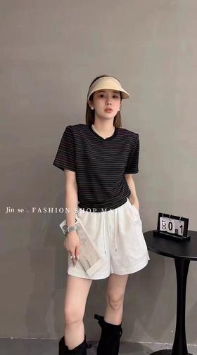 清仓价2025~银丝后系带绑带条纹短款T恤-喜出