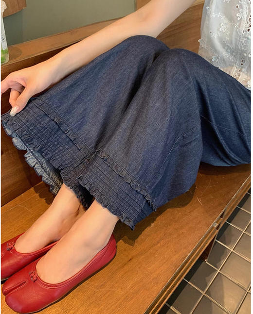 老米优品🎈3-5天！《复古花边设计 九分牛仔色阔腿裤》清凉舒适与美好共存！显瘦松弛感阔腿裤~K250622A 下架 商品图6