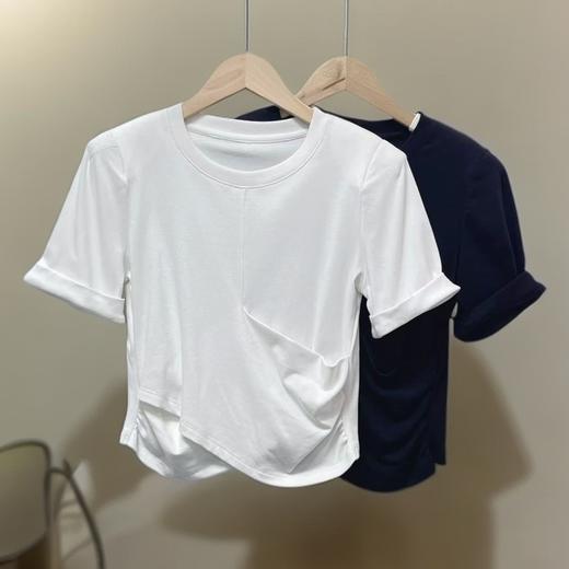 7.7清货，能接受不退拍~88096卷边袖不规则褶皱短袖T恤-喜出 商品图2