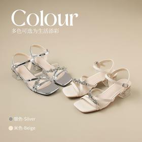 ZHR则则水钻粗跟凉鞋2025新款气质百搭一字凉鞋仙女方头时尚女鞋