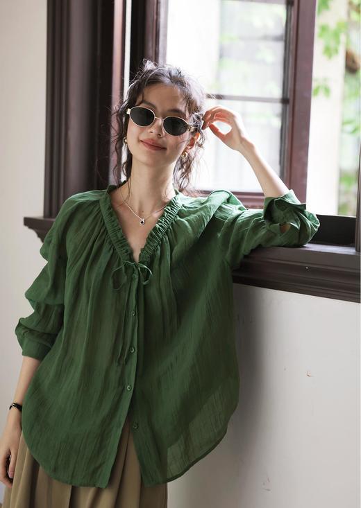 法式花边领防晒苎麻显瘦V领神仙透气感亚麻衫 商品图10