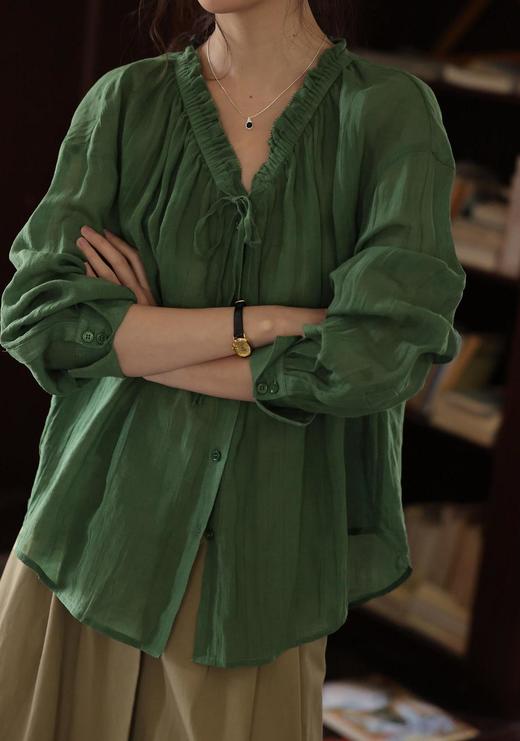 法式花边领防晒苎麻显瘦V领神仙透气感亚麻衫 商品图4