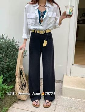 七夕福利-NO退｛牛仔裤2025｝12861莱赛尔棉天丝黑色长裤韩版直筒显瘦牛仔裤-喜出