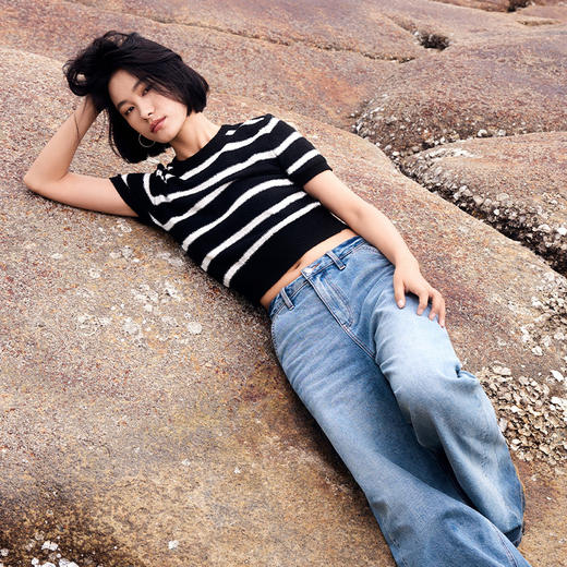 simplepiecesT恤女夏季新品圈圈纱条纹短袖针织衫T恤 商品图2