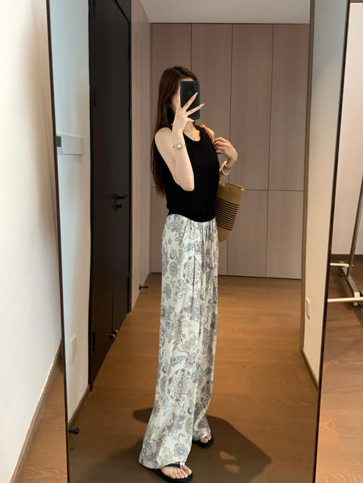 老钱风中古时髦慵懒麻感天丝花纹褶裥松紧腰直裤 商品图5