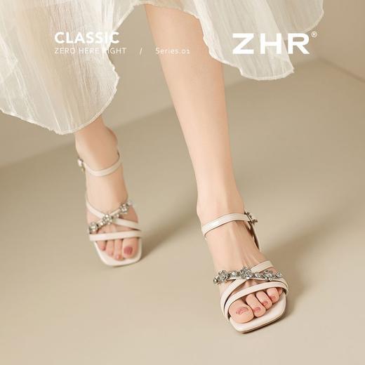 ZHR则则水钻粗跟凉鞋2025新款气质百搭一字凉鞋仙女方头时尚女鞋 商品图2