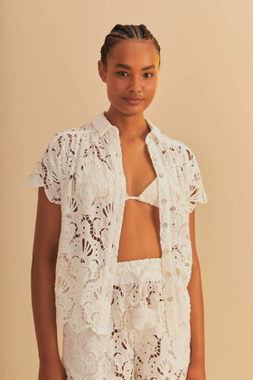 Farm Rio - White Seashell Eyelet Shirt - White - 女装 - 衬衫 - 白色