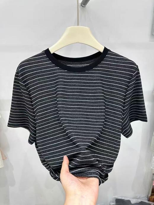 清仓价2025~银丝后系带绑带条纹短款T恤-喜出 商品图3
