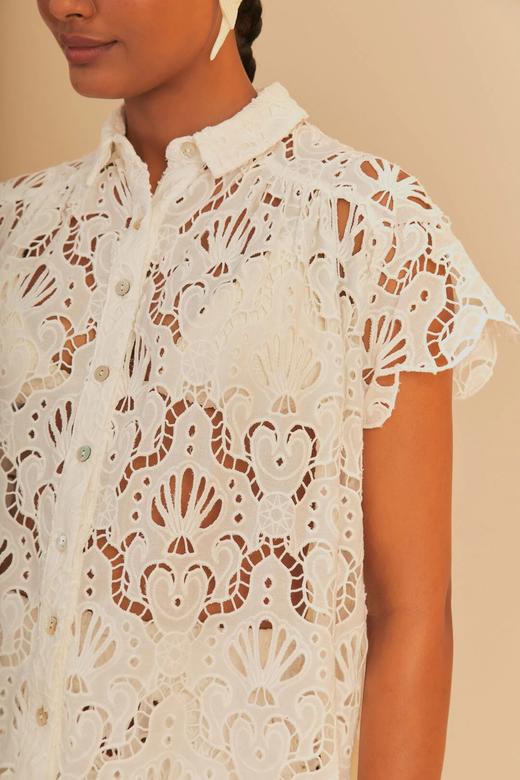 Farm Rio - White Seashell Eyelet Shirt - White - 女装 - 衬衫 - 白色 商品图1