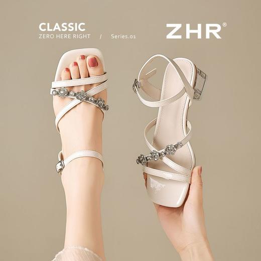 ZHR则则水钻粗跟凉鞋2025新款气质百搭一字凉鞋仙女方头时尚女鞋 商品图8
