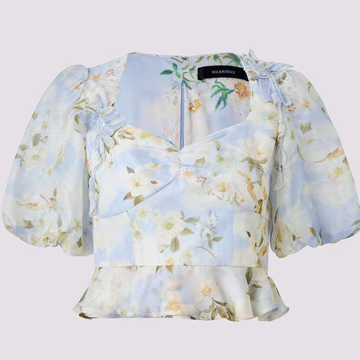 浪漫度假风25夏花朵刺绣渐变印花泡泡袖上衣(货号:MF86TP260G1001) 商品图1