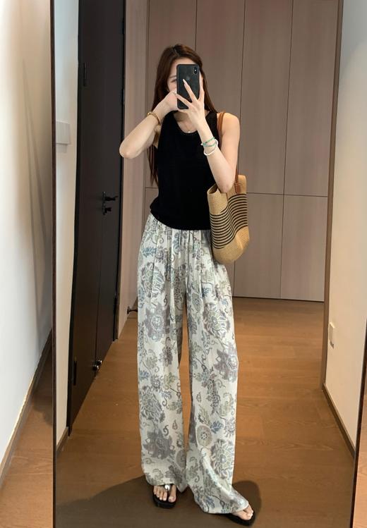 老钱风中古时髦慵懒麻感天丝花纹褶裥松紧腰直裤 商品图4