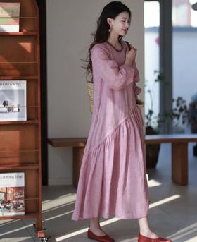O家 蔷薇粉松弛感 超显白苎麻连衣裙 国风国韵苎麻裙 长袖短袖